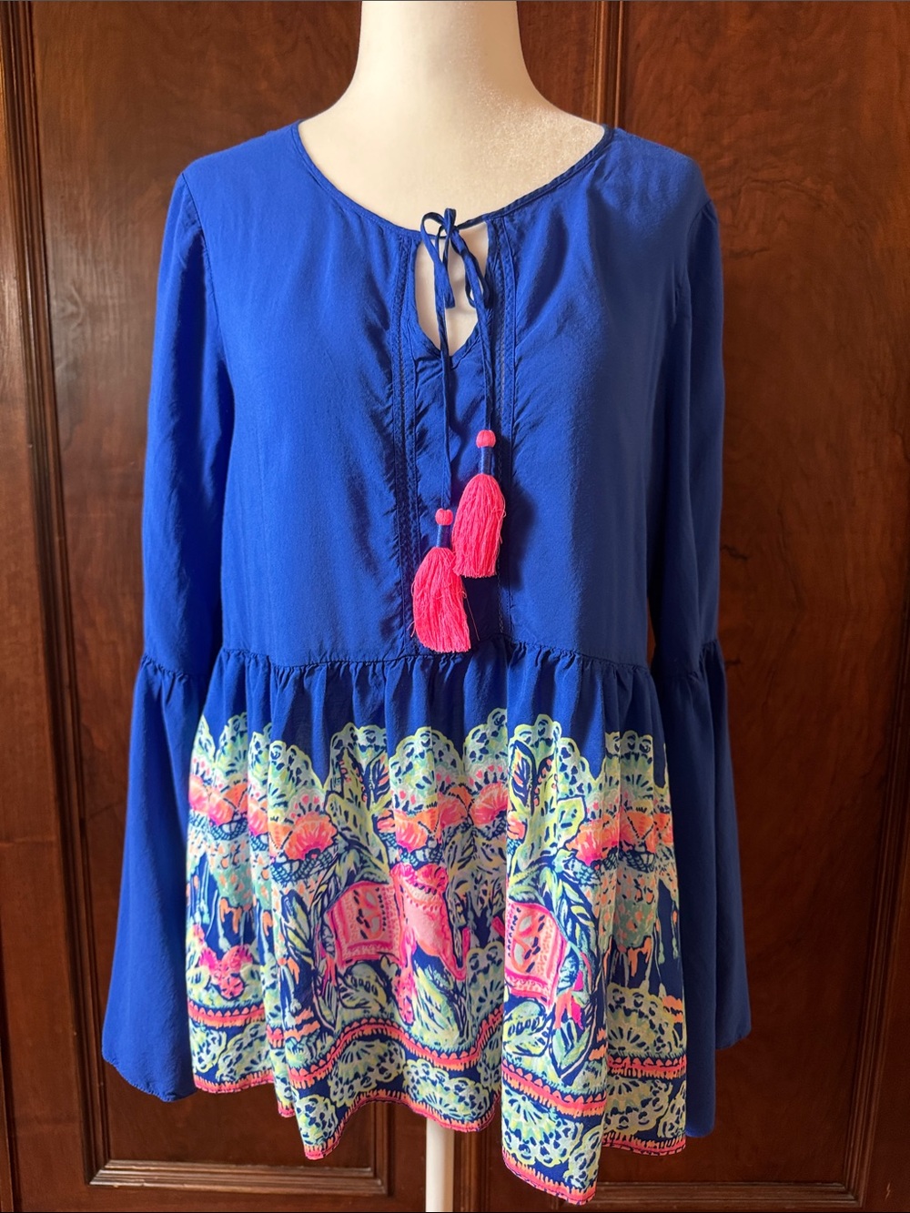 Lilly Pulitzer Cobalt Blue Top with Pink Tassels and Multicolor Border